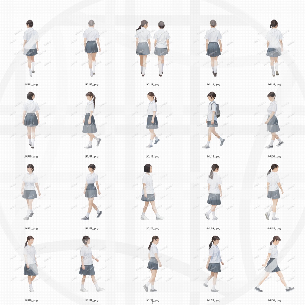 高校生 制服 建築CGパース用人物添景 イラスト素材セット 60カット