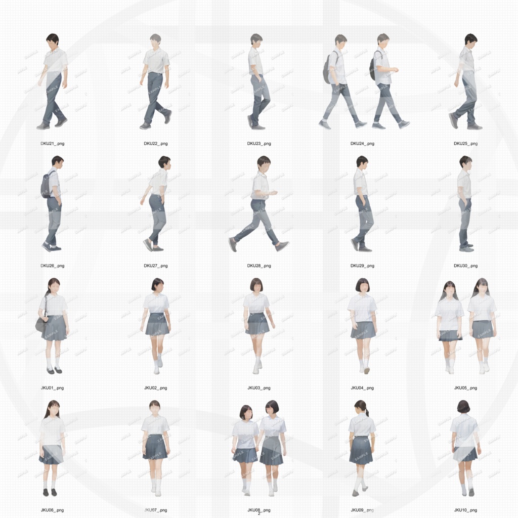 高校生 制服 建築CGパース用人物添景 イラスト素材セット 60カット
