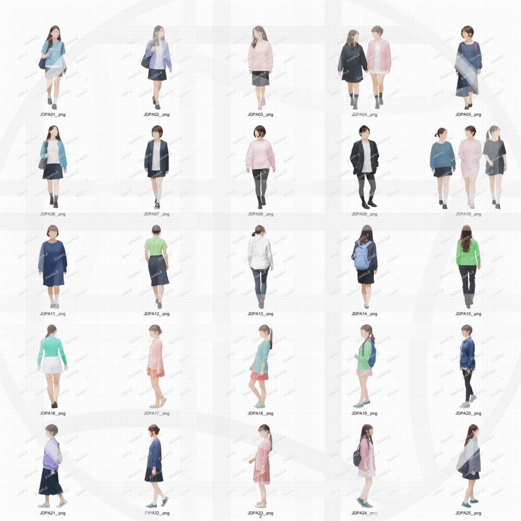 大学生 私服A 建築CGパース用人物添景 イラスト素材セット 50カット