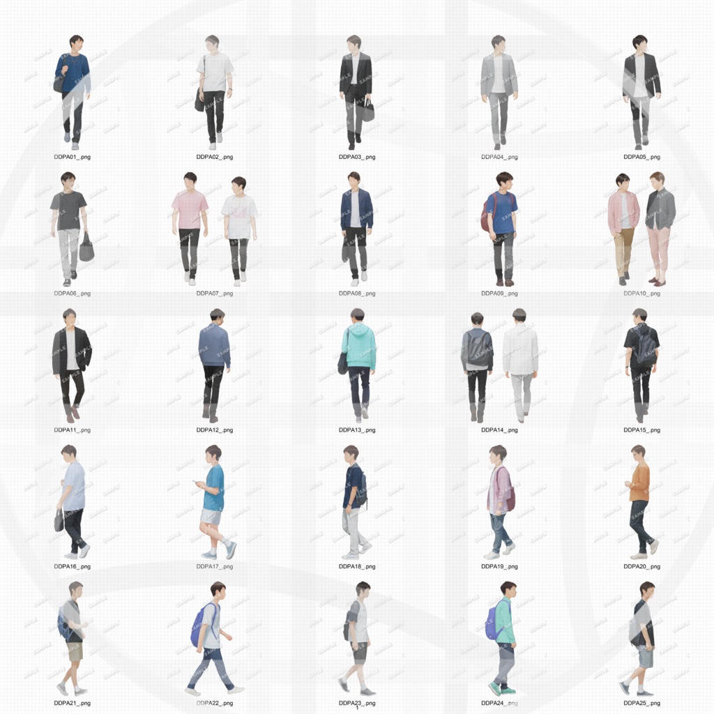 大学生 私服A 建築CGパース用人物添景 イラスト素材セット 50カット