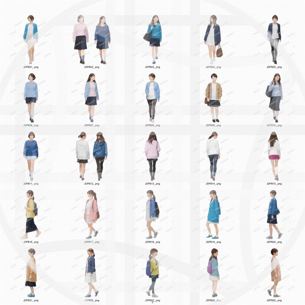 大学生 私服B 建築CGパース用人物添景 イラスト素材セット 50カット