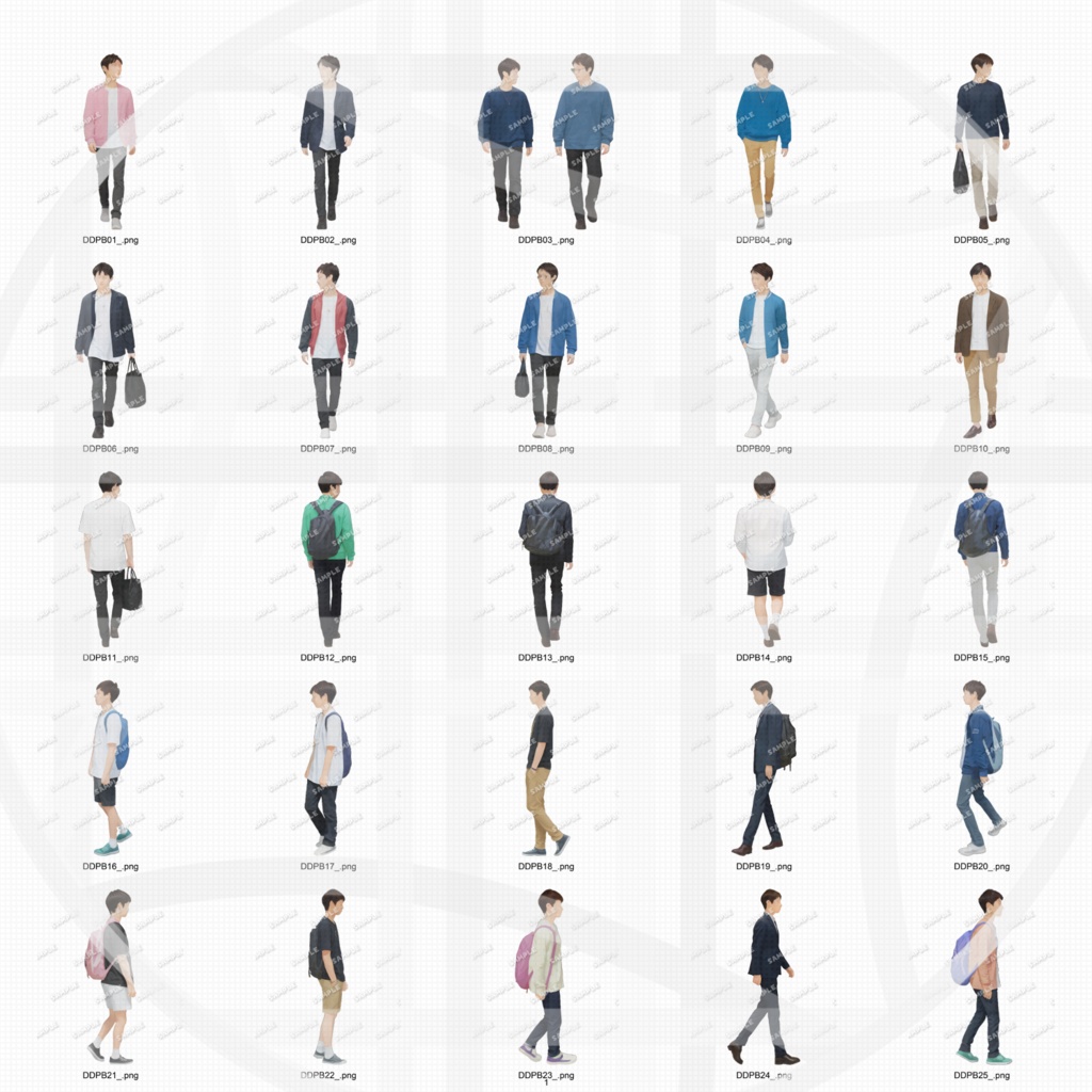 大学生 私服B 建築CGパース用人物添景 イラスト素材セット 50カット