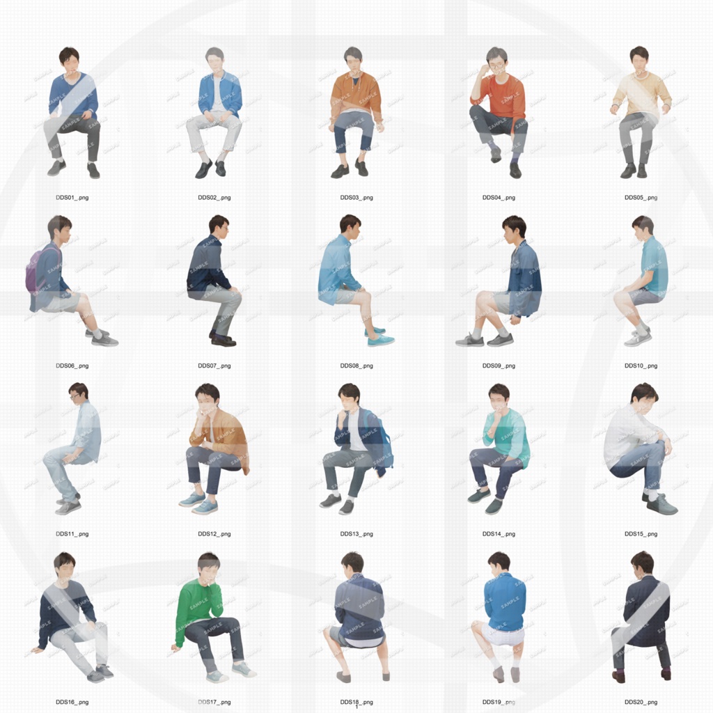 大学生 座る 建築CGパース用人物添景 イラスト素材セット 40カット