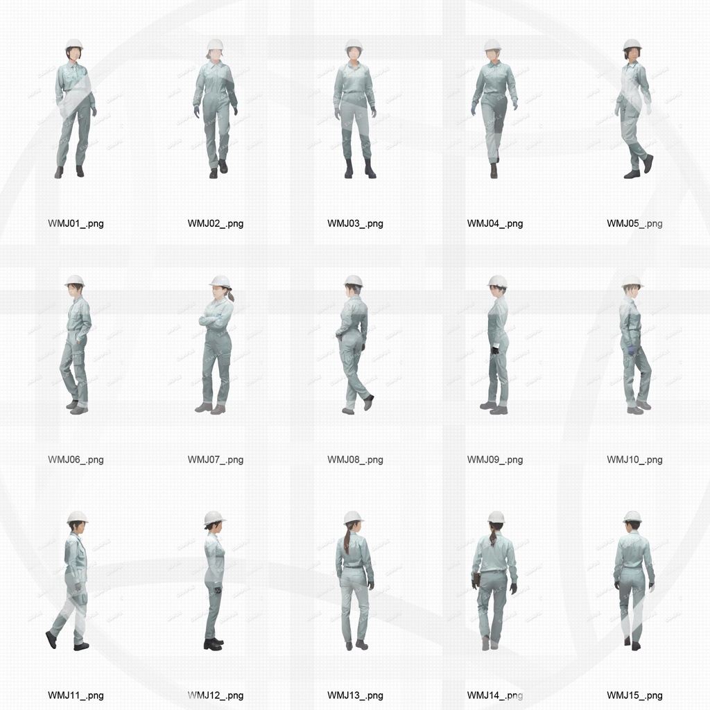 特別版 作業員モスグリーン 人物添景 イラスト素材セット 30カット