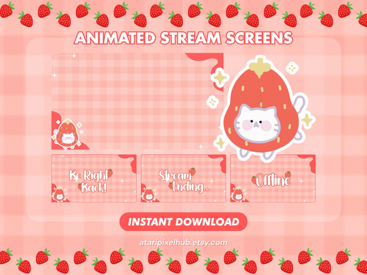 Animated Streaming Screen Red Strawberry for OBS, Vtuber, Youtube, Twitch, Overlay 