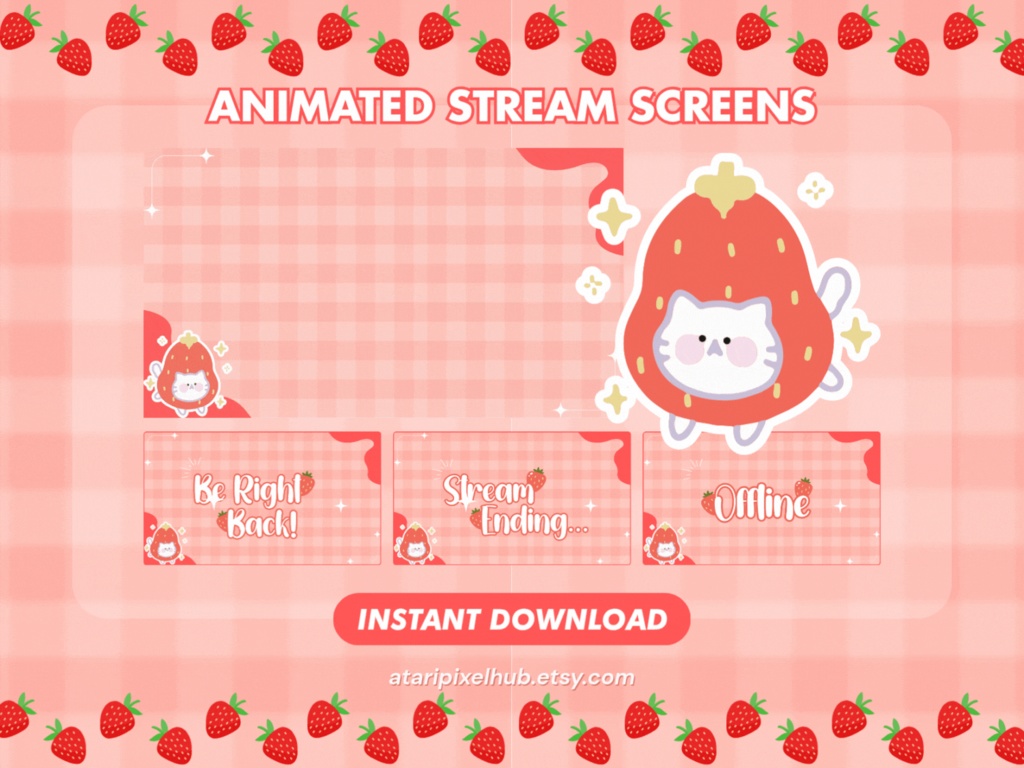 Animated Streaming Screen Red Strawberry for OBS, Vtuber, Youtube, Twitch, Overlay 
