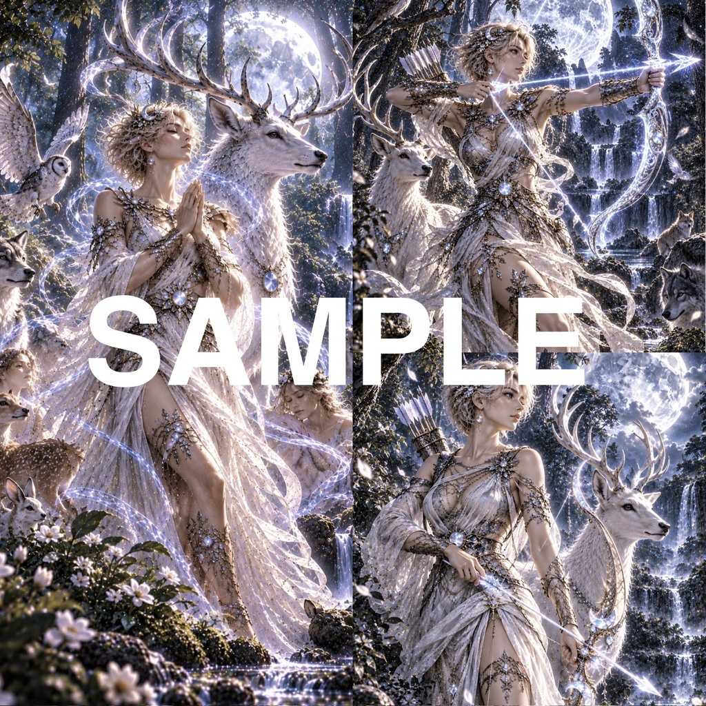 ULTIMATE ARTEMIS｜究極のアルテミス｜月と森を守護する女神の幻想的AIアート3枚セット