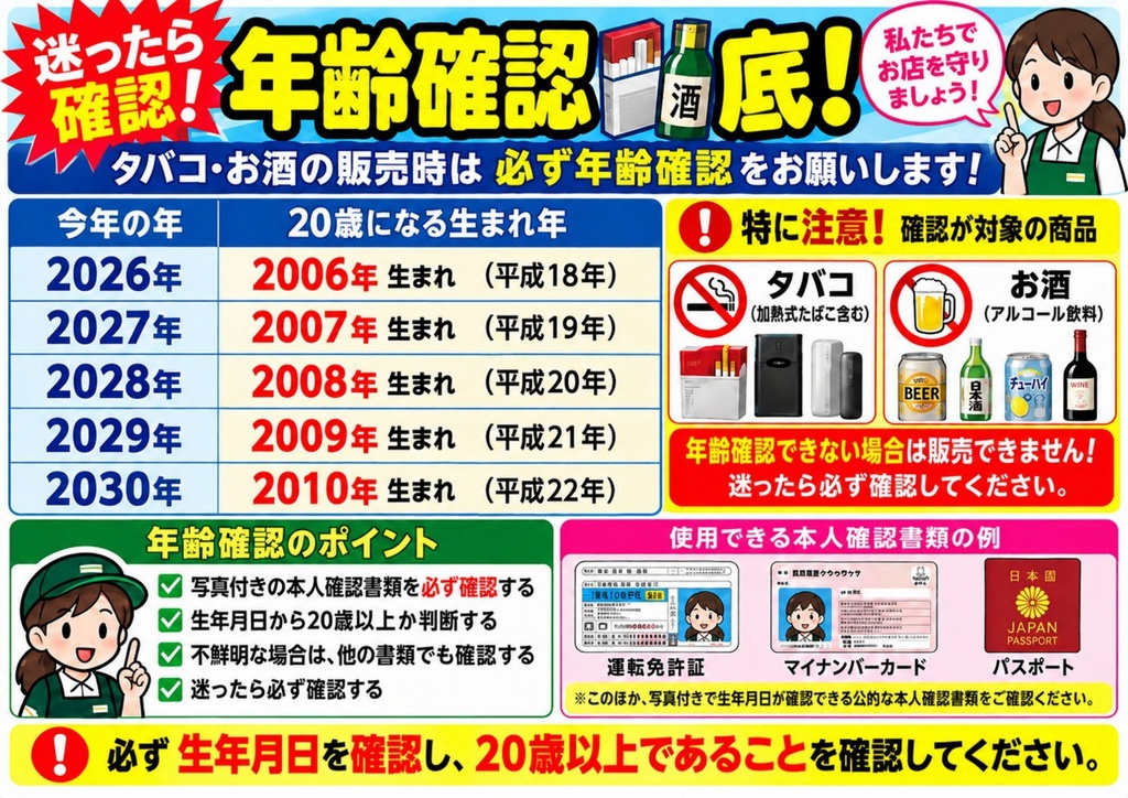 【2026～2030年対応】年齢確認早見表POP｜お酒・たばこ販売用｜A4印刷PDF・2種類セット