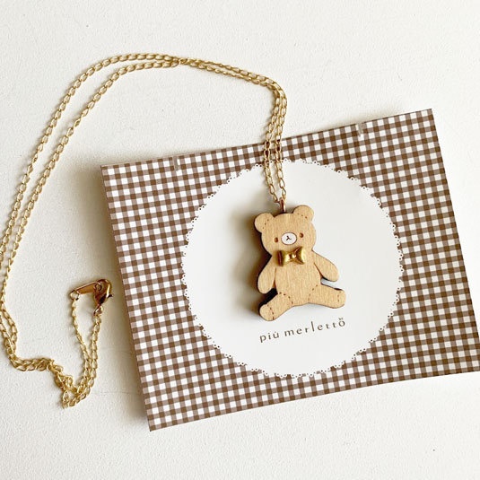 ぬいぐるみくま(リボン付き)*木のネックレス
