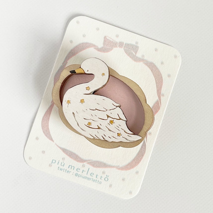 星屑と白鳥(木枠)*木のブローチ