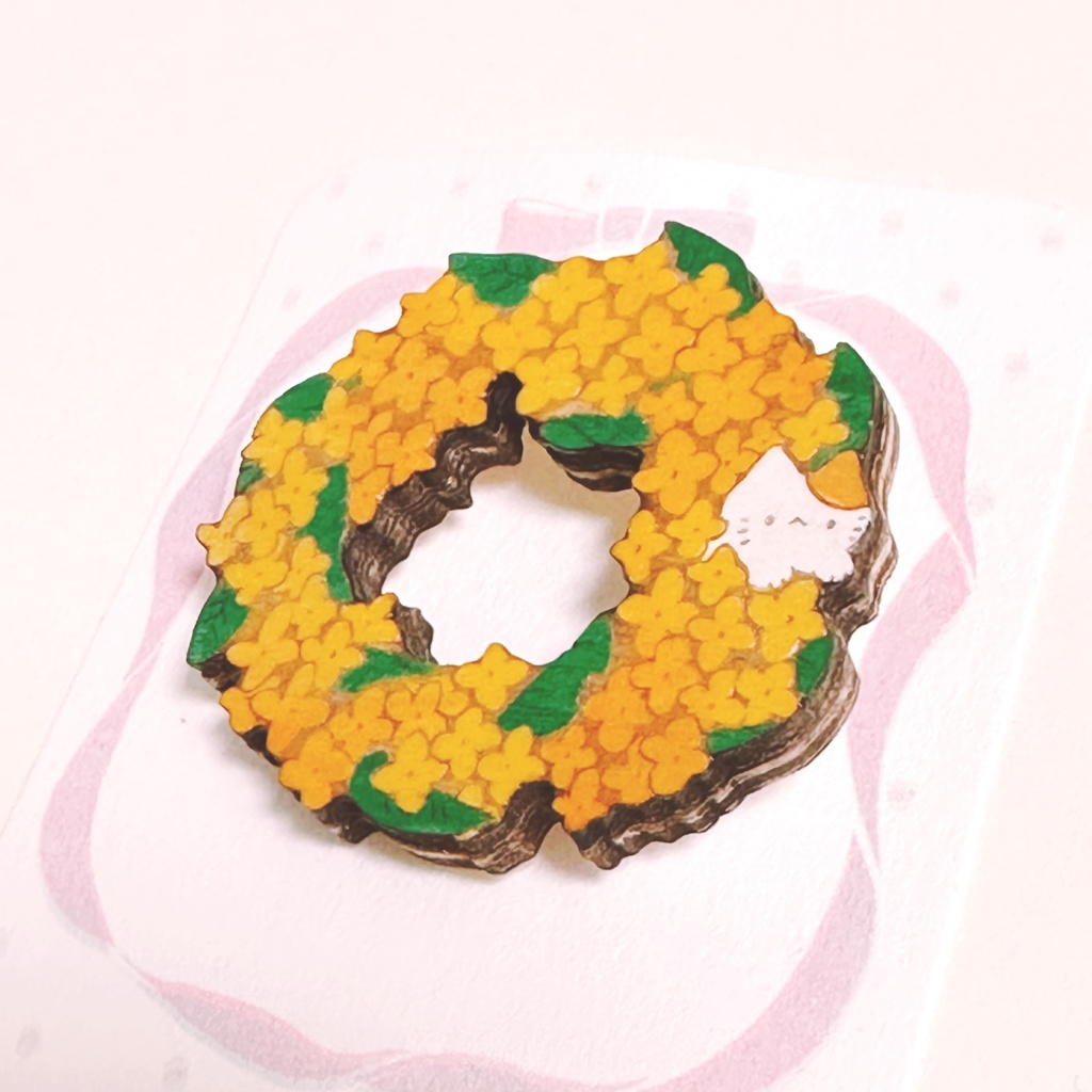 秋色ねことキンモクセイ*木のブローチ