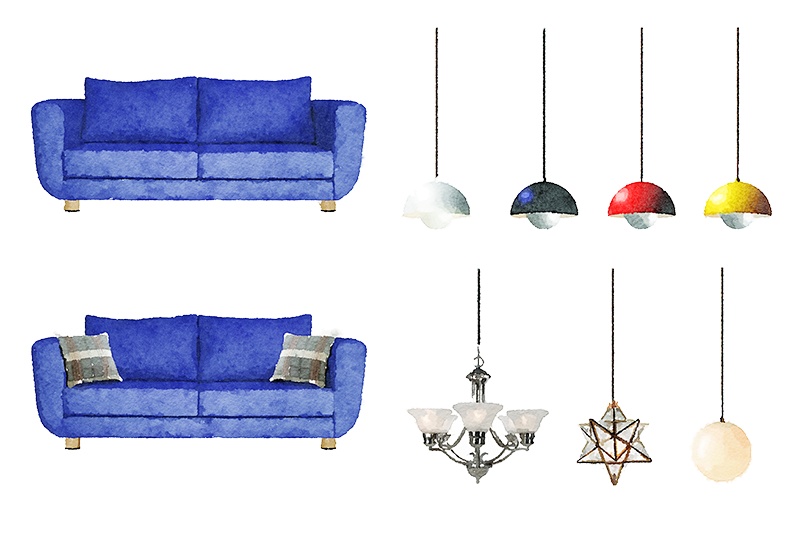 【印刷用】水彩イラスト「インテリア」