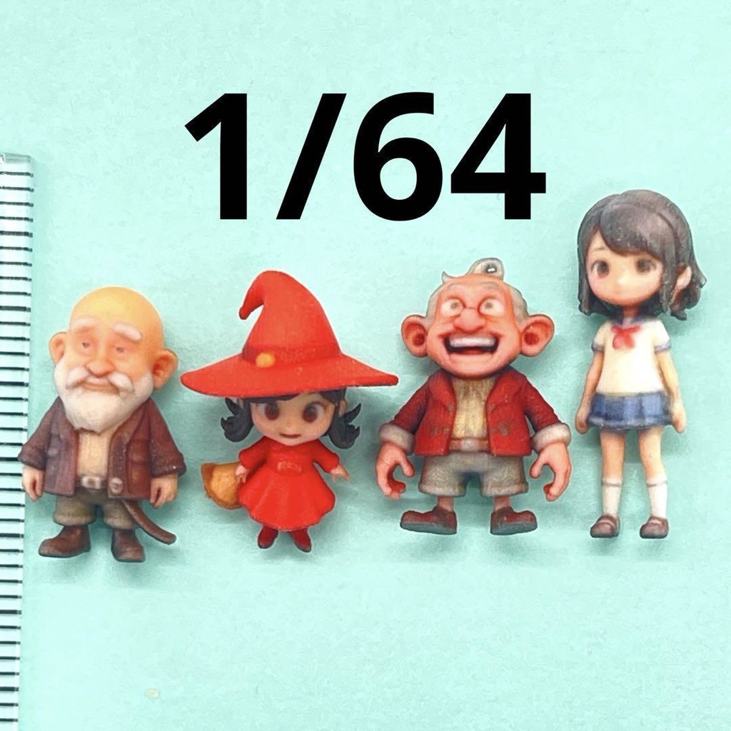1/64 フィギュア４体　完成品　ミニカーに　ジオラマに　ミニチュアイメージ　３D　ミニチュア　小人　女子高生