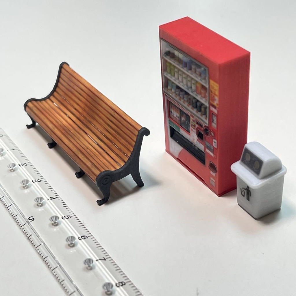 1/43 ミニチュア 自販機 空き缶入れ ベンチ 飲み物立体 立体自販機 ジオラマ ミニカーに 住宅模型 ミニチュアイメージ 3D
