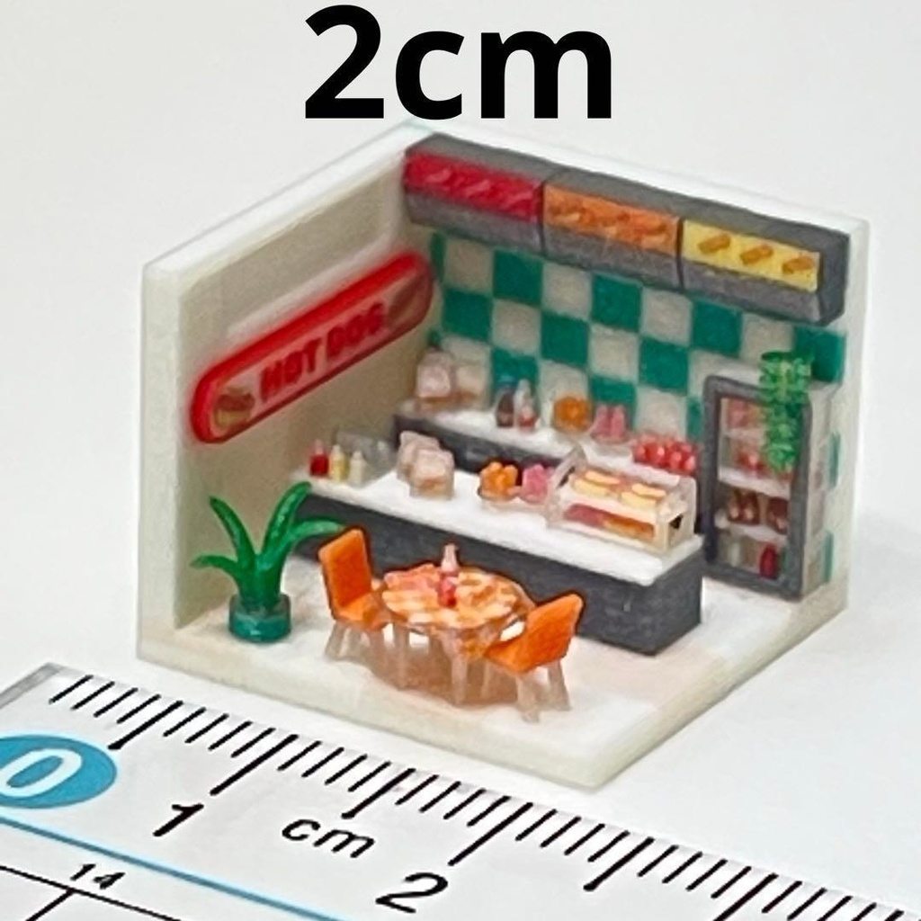 2cm ミニチュア　ホットドッグショップ　ジオラマ　住宅模型　ドールハウス　ミニミニドールハウス　ミニチュアイメージ　３D
