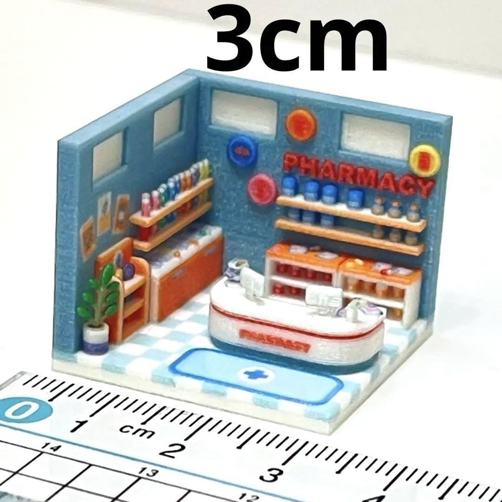 3cm ミニチュア　薬局　ミニミニドールハウス　ジオラマ　住宅模型　完成品　ミニチュアイメージ　フィギュアに