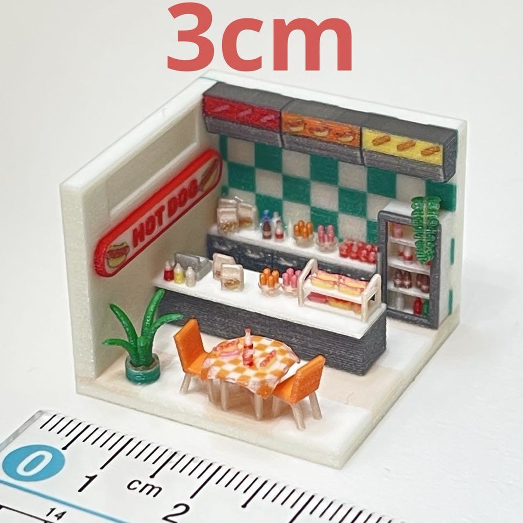3cm ミニチュア　ホットドッグ屋　ドールハウス　ミニミニドールハウス　完成品　住宅模型　ジオラマ