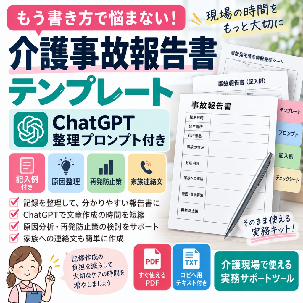 介護事故報告書テンプレート｜記入例・原因整理・再発防止・ChatGPTプロンプト付き