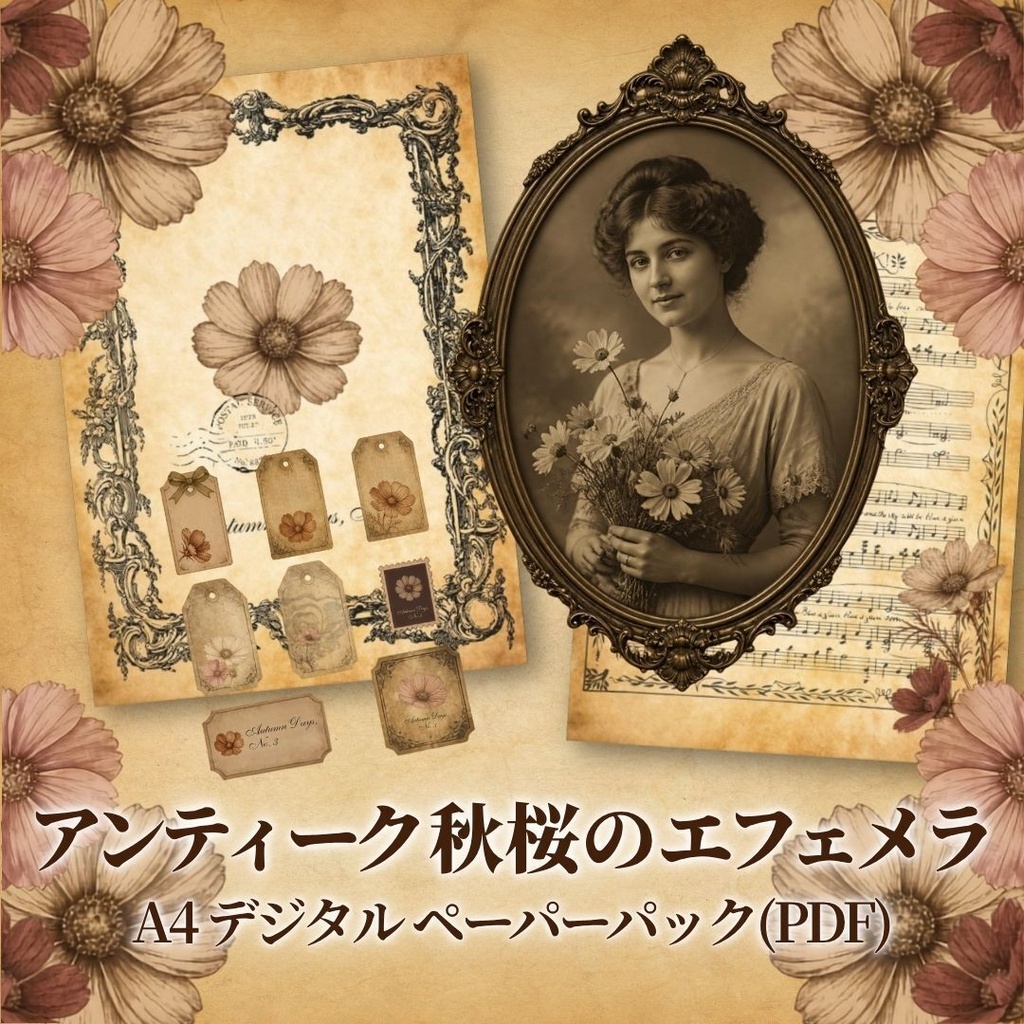 アンティーク秋桜のエフェメラ素材集 A4印刷用PDF