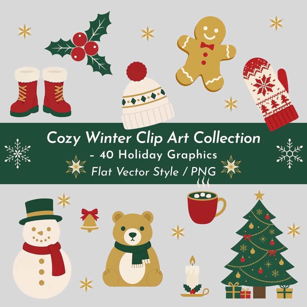 【商用利用OK】温かな冬のクリップアート集 全40点 / Cozy Winter Clip Art Set - 40 Holiday Graphics / PNG