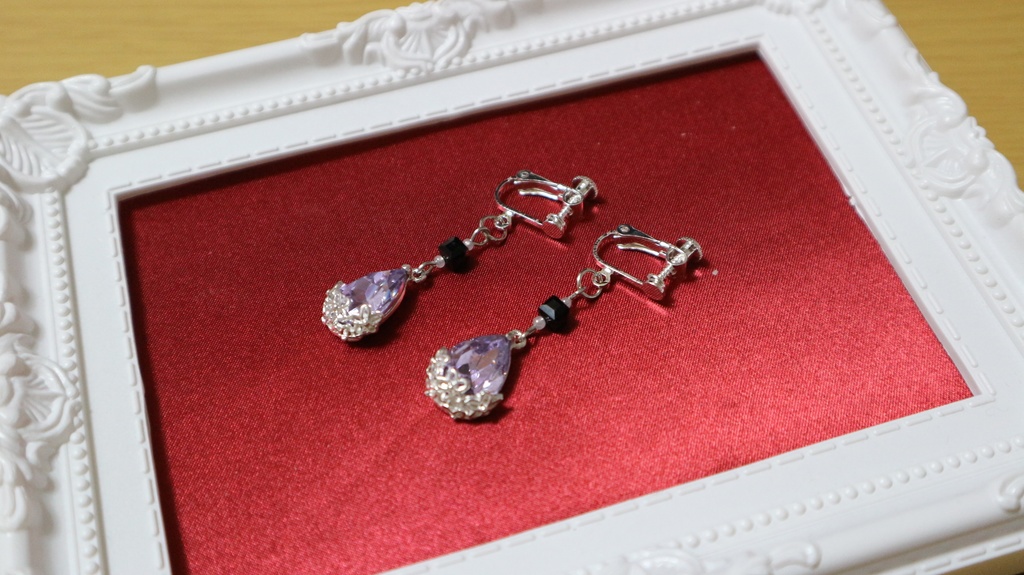 【創作】しずく型イヤリング【紫】