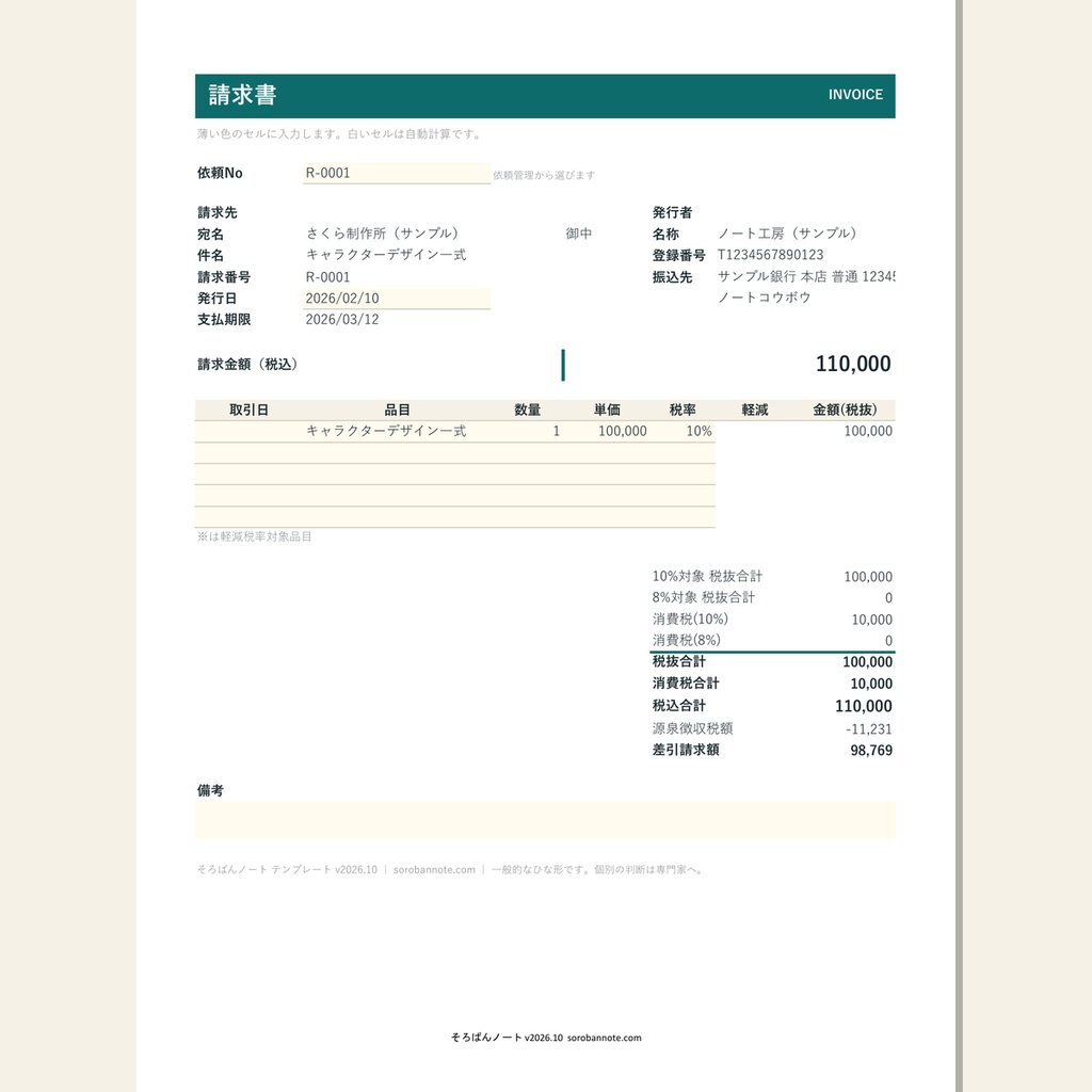 クリエイターの売上・経費・確定申告 管理ブック 2026|依頼管理・BOOTH手数料・源泉徴収・インボイス対応(Excel・スプレッドシート)