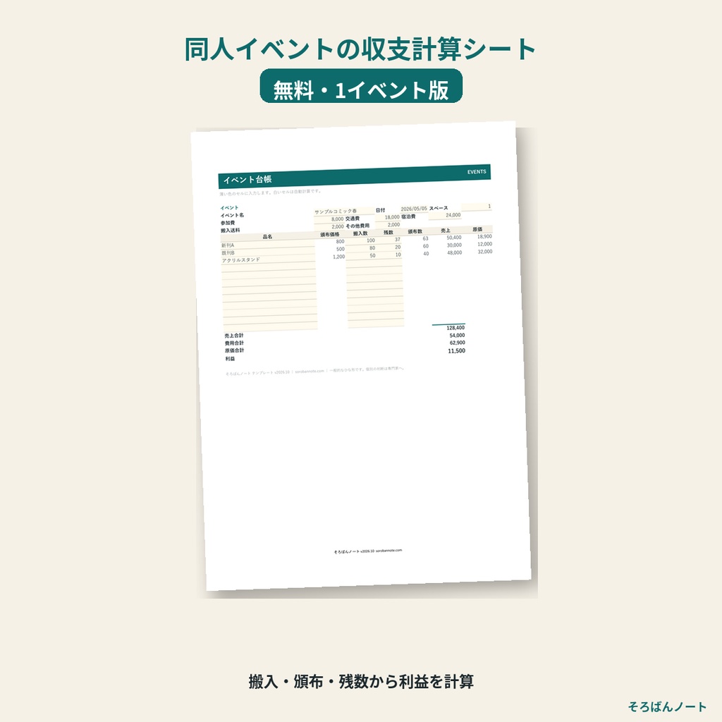【無料】同人イベントの頒布数・売上・利益 計算シート（1イベント版）
