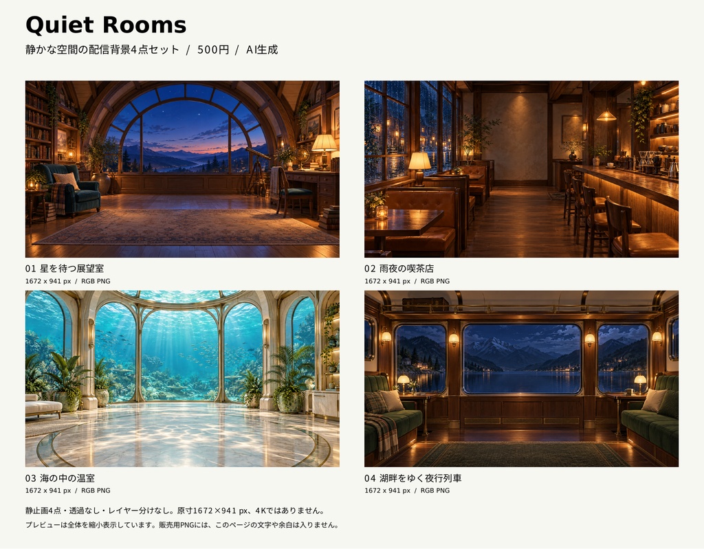 【配信背景4枚セット】Quiet Rooms｜喫茶店・海中・展望室・夜行列車【AI生成】