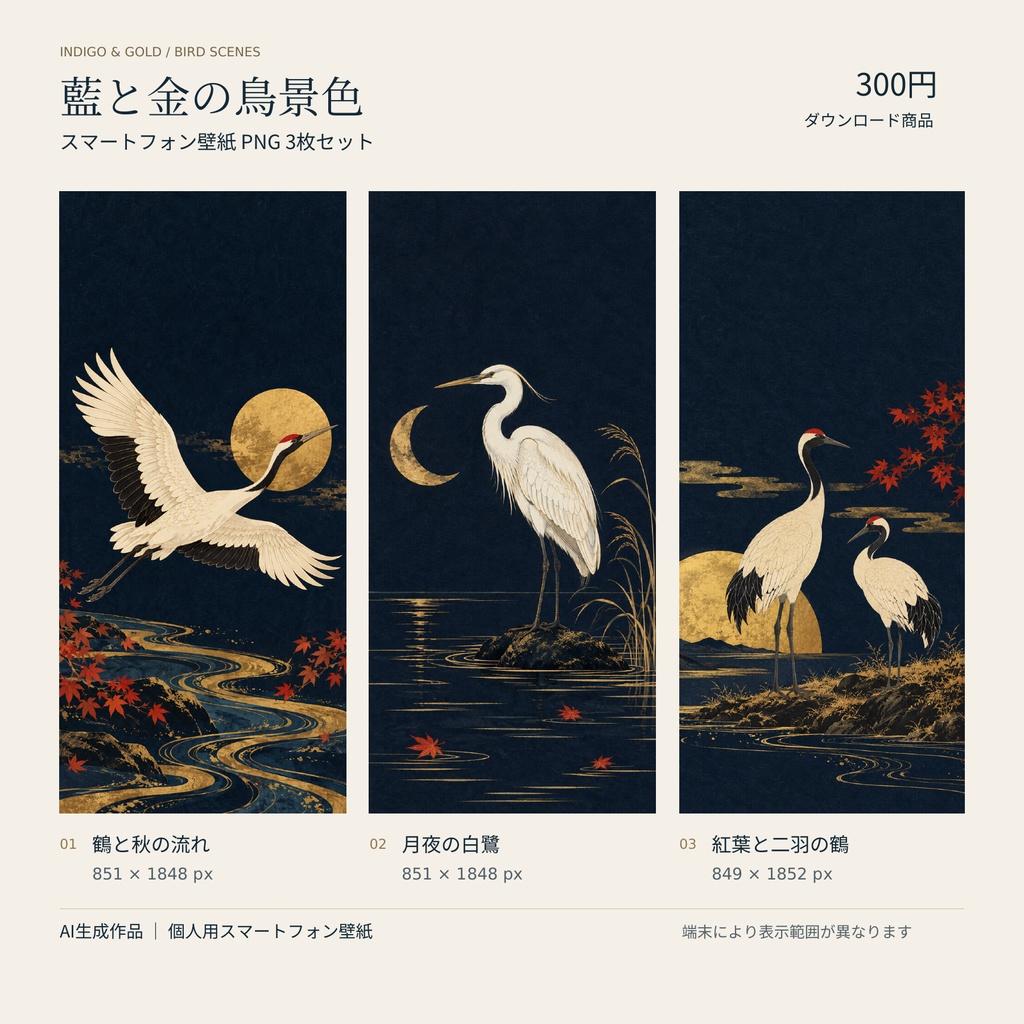 【和柄スマホ壁紙3枚セット】藍と金の鳥景色｜鶴・白鷺【AI生成】