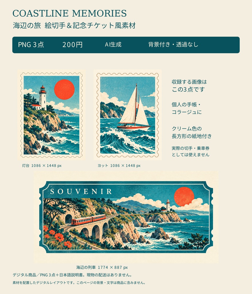 海辺の旅コラージュ素材3点セット｜灯台・帆船・記念券【AI生成】