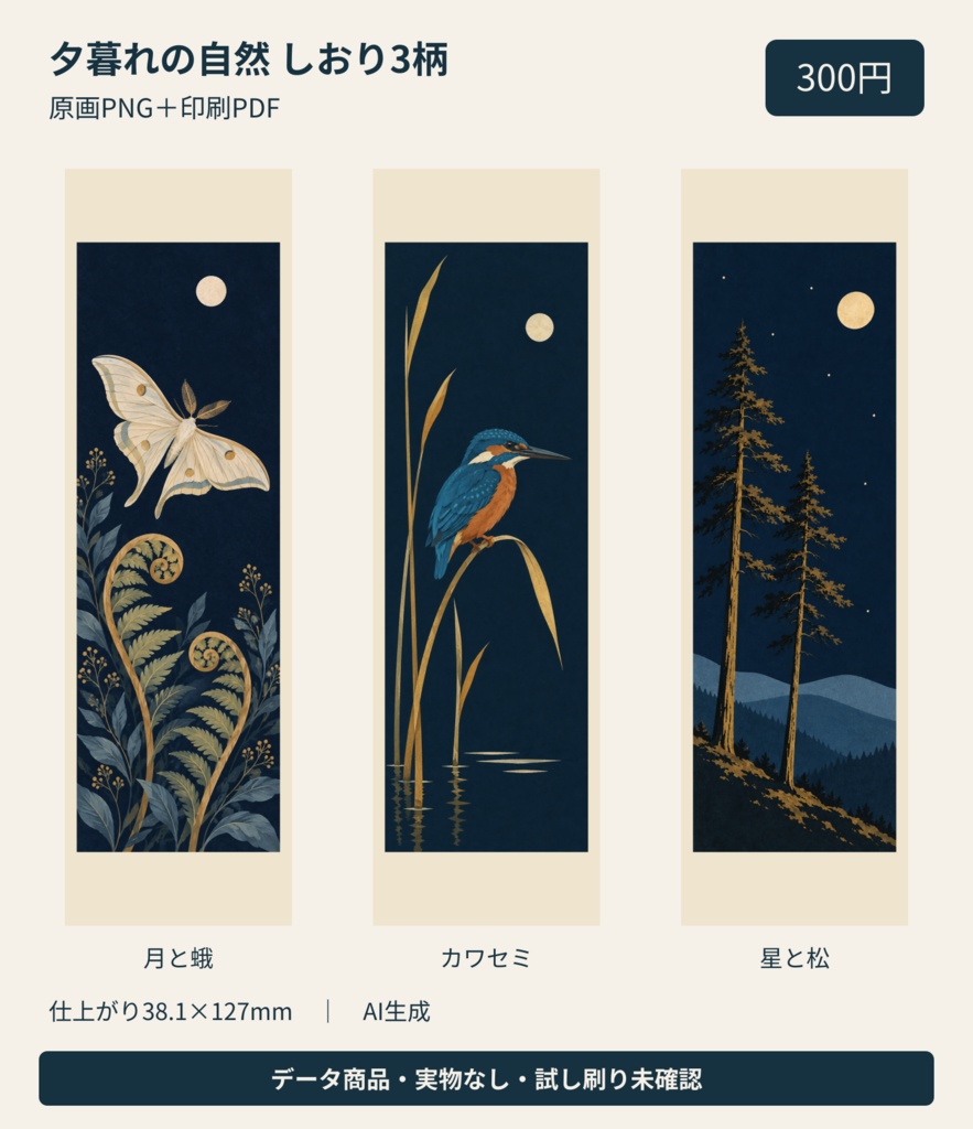 夕暮れの自然｜印刷しおり3柄・原画PNG＋PDF【AI生成】