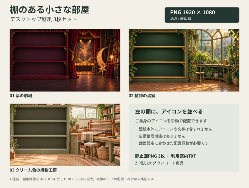 棚のある小さな部屋｜デスクトップ壁紙3枚セット【1920×1080】