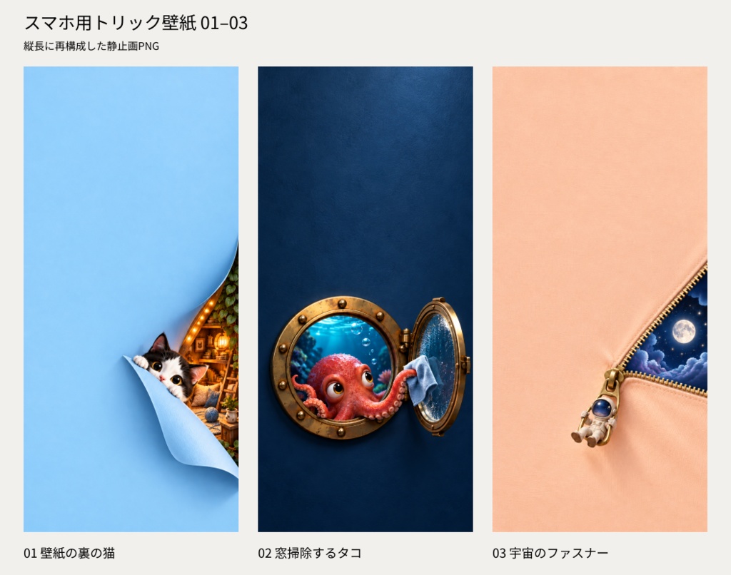 スマホ用トリック壁紙 3点セット｜猫・タコ・宇宙のファスナー
