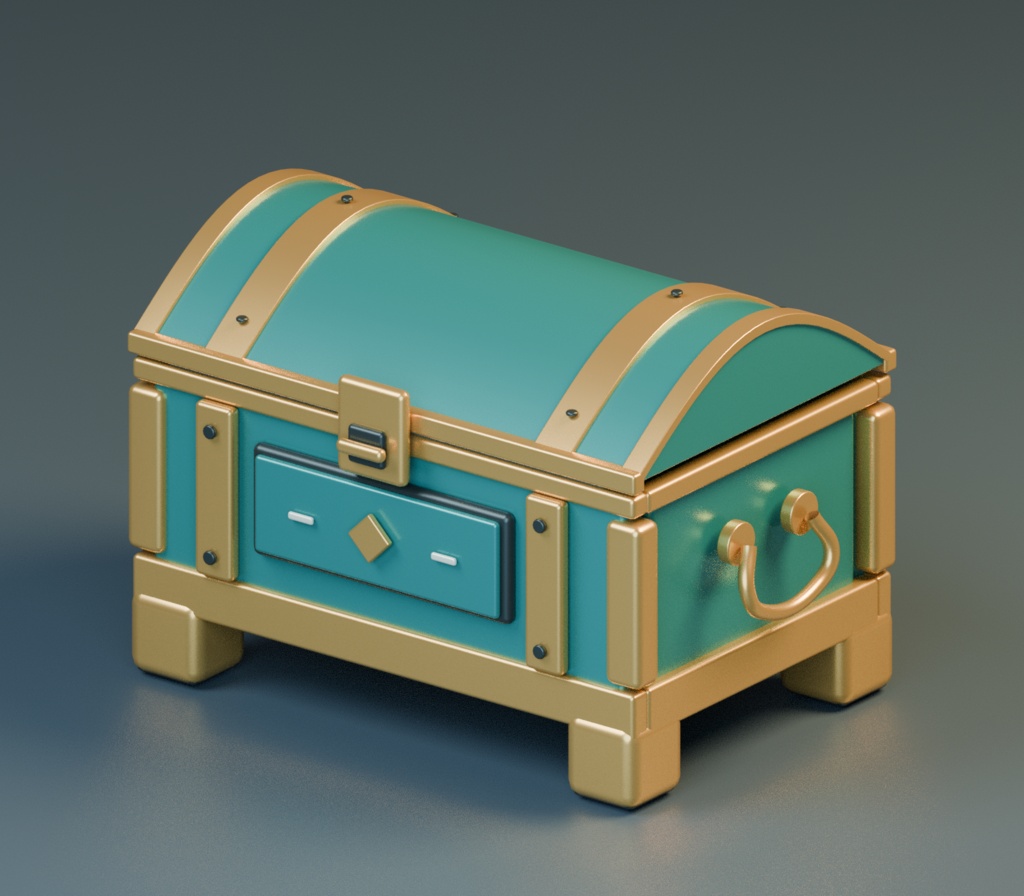 【開閉アニメ付き】青緑×真鍮の宝箱｜GLB・Blender