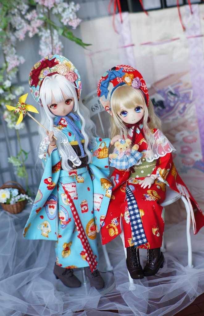 SDM/MSD/MDDサイズ 昭和レトロ着物 雛熊遊祭 春日ピクニックver.(ぽっくり付き)