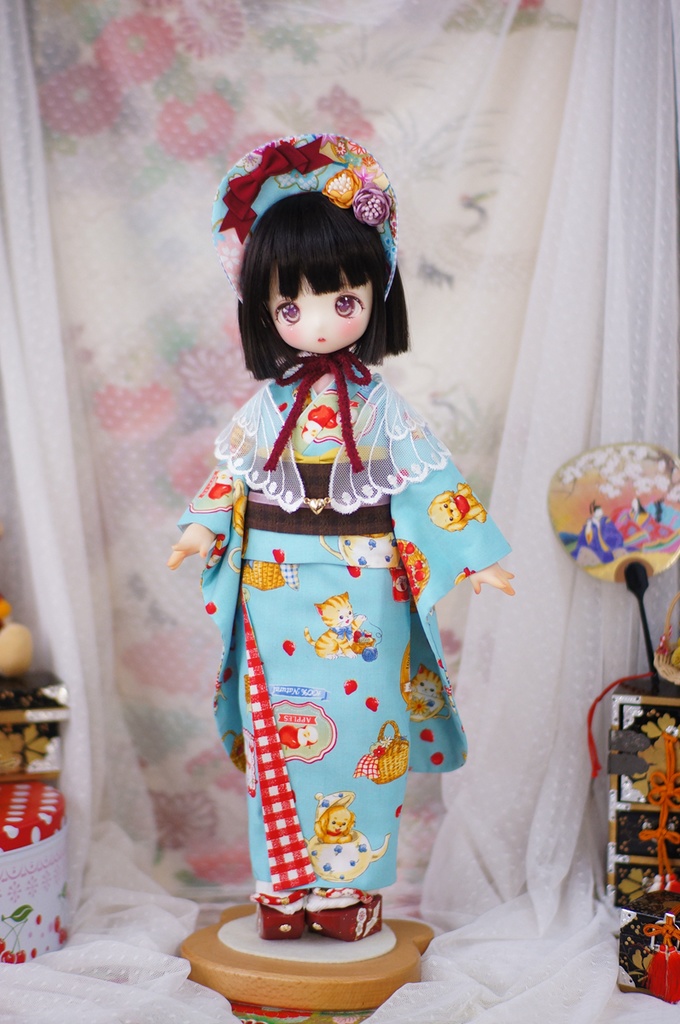 kumakoサイズ 昭和レトロ着物 雛熊遊祭 春日ピクニックver.(ぽっくり付き)