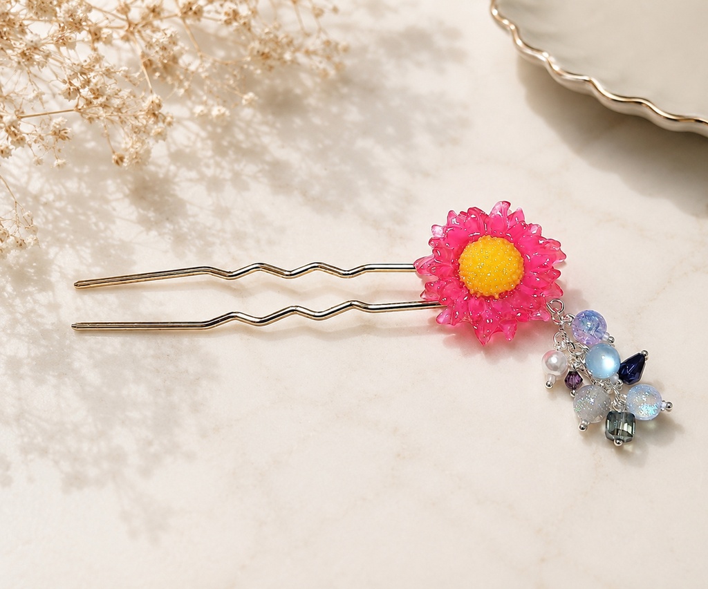 レジン ピンクフラワーの揺れるかんざし