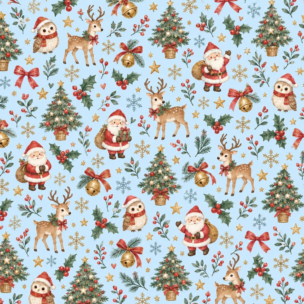 【商用利用OK】しあわせのクリスマス柄 デジタルペーパー5枚セット|水彩・ふくろう・トナカイ・ツリー