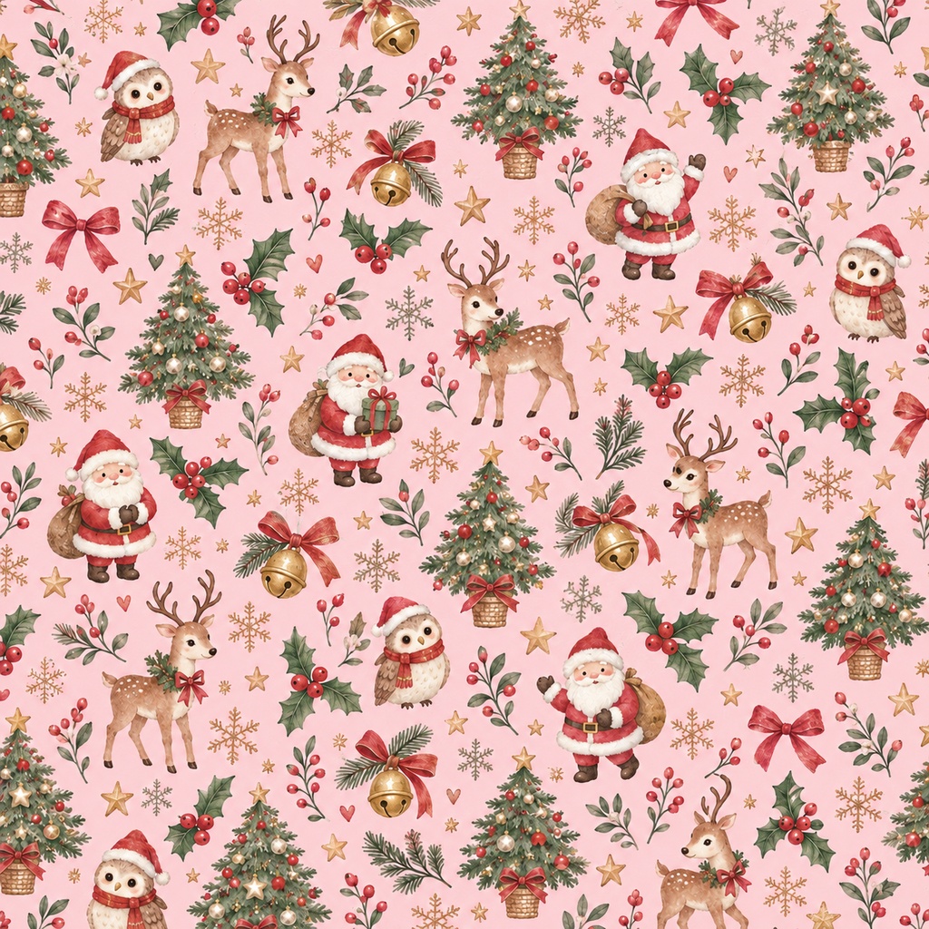 【商用利用OK】しあわせのクリスマス柄 デジタルペーパー5枚セット|水彩・ふくろう・トナカイ・ツリー