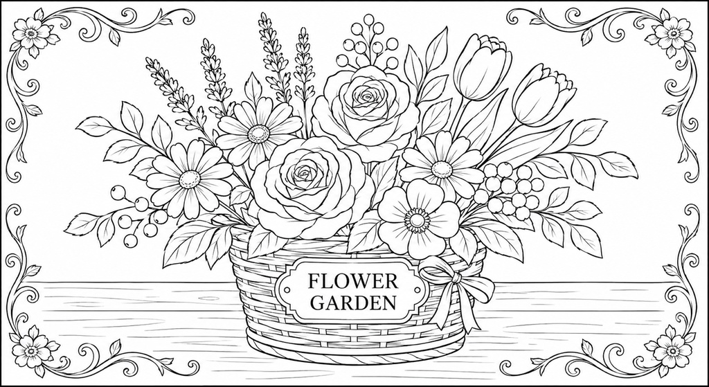 【A4印刷OK】しあわせの花ぬりえ 3枚セット|見本付き・大人のぬりえ・バラ・花束