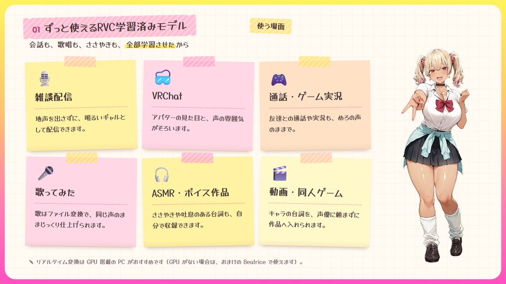 【RVC学習済みモデル】とにかく明るいギャルボ!『めろ』 / 🎤会話・歌唱・ささやきを全部学習、ずっと使えるRVC / Beatrice V2・ONNX同梱 / 🌍EN・ESP・中文・한국어