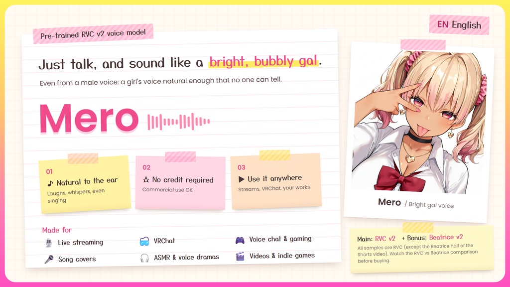 【RVC学習済みモデル】とにかく明るいギャルボ!『めろ』 / 🎤会話・歌唱・ささやきを全部学習、ずっと使えるRVC / Beatrice V2・ONNX同梱 / 🌍EN・ESP・中文・한국어