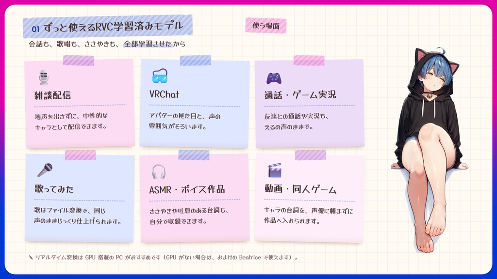 【RVC学習済みモデル】あどけなくて気怠げな、中性ショタボ🌙『える』 / 🎤会話・歌唱・ささやきを全部学習、ずっと使えるRVC / Beatrice V2・ONNX同梱 / 🌍EN・ESP・中文・한국어