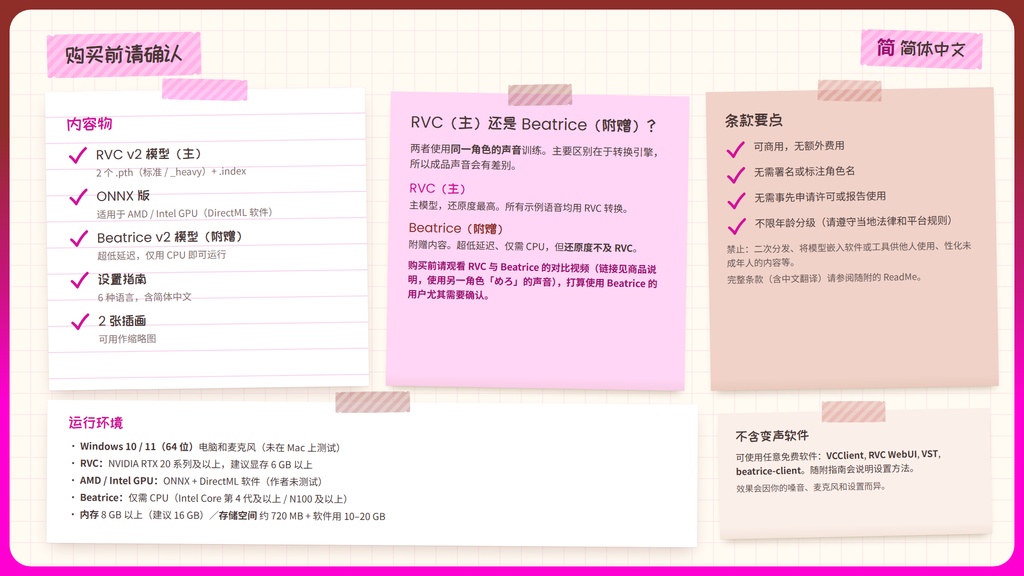 【RVC学習済みモデル】とことん媚び媚び、あざとい小悪魔ボイス💕『ねね』 / 🎤会話・歌唱・ささやきを全部学習、ずっと使えるRVC / Beatrice V2・ONNX同梱 / 🌍EN・ESP・中文・한국어