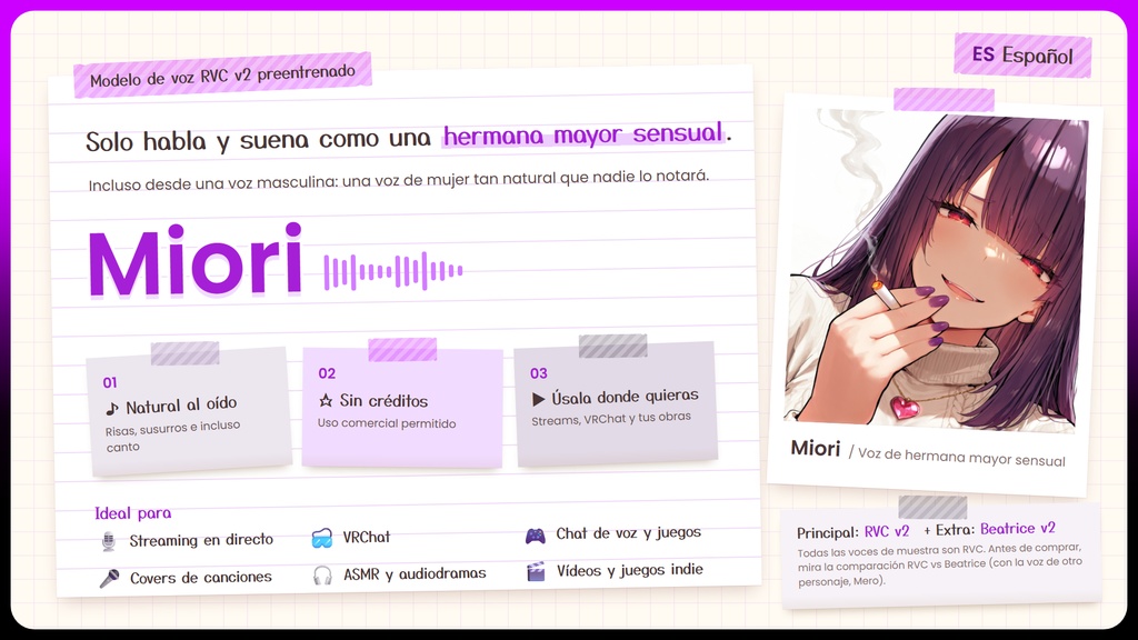 【RVC学習済みモデル】気怠げで色っぽい、大人のお姉さんボイス🍷『魅織』 / 🎤会話・歌唱・ささやきを全部学習、ずっと使えるRVC / Beatrice V2・ONNX同梱 / 🌍EN・ESP・中文・한국어