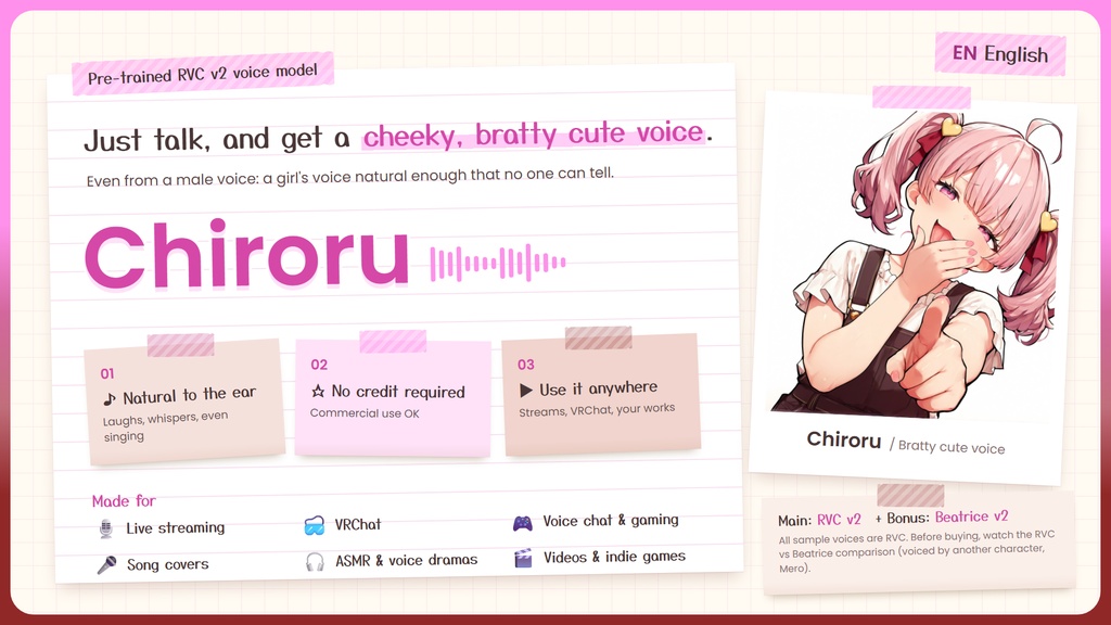 【RVC学習済みモデル】なまいきカワイイ!メスガキロリボ🍬『ちろる』 / 🎤会話・歌唱・ささやきを全部学習、ずっと使えるRVC / Beatrice V2・ONNX同梱 / 🌍EN・ESP・中文・한국어