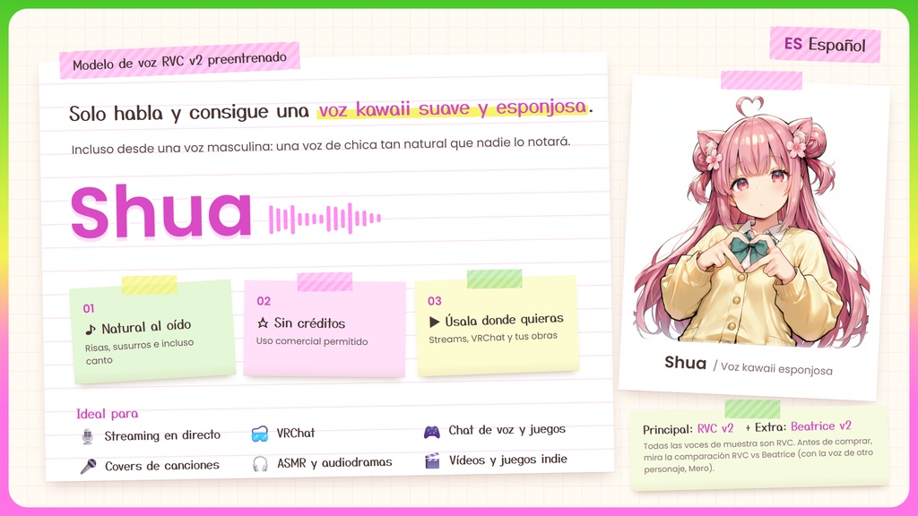 【RVC学習済みモデル】ふわふわ癒やし系の、とろけるカワボ🌸『しゅあ』 / 🎤会話・歌唱・ささやきを全部学習、ずっと使えるRVC / Beatrice V2・ONNX同梱 / 🌍EN・ESP・中文・한국어