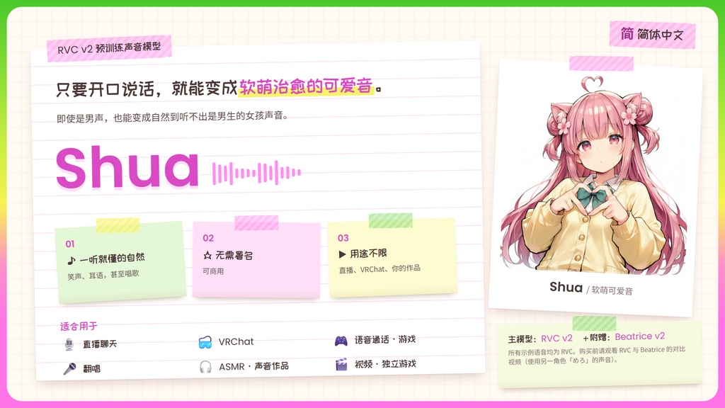 【RVC学習済みモデル】ふわふわ癒やし系の、とろけるカワボ🌸『しゅあ』 / 🎤会話・歌唱・ささやきを全部学習、ずっと使えるRVC / Beatrice V2・ONNX同梱 / 🌍EN・ESP・中文・한국어