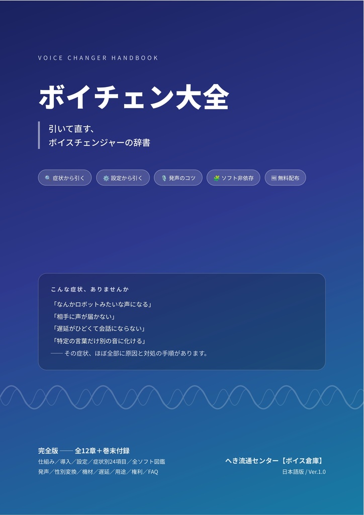 ボイチェン大全【EN / ESP / 中文 / 한국어】|ボイスチェンジャー解説書・攻略本/RVC・Beatrice・VCClient対応(ソフト非依存)/設定解説・遅延/ノイズ対策/症状別トラブルシューティング/男声⇔女声の性別変換/マイク・機材選び/VRChat・配信・ASMR/FAQ50問・全12章+付録/無料