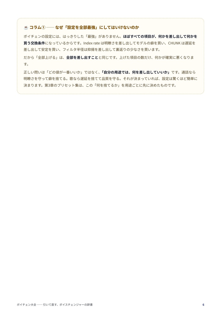 ボイチェン大全【EN / ESP / 中文 / 한국어】|ボイスチェンジャー解説書・攻略本/RVC・Beatrice・VCClient対応(ソフト非依存)/設定解説・遅延/ノイズ対策/症状別トラブルシューティング/男声⇔女声の性別変換/マイク・機材選び/VRChat・配信・ASMR/FAQ50問・全12章+付録/無料